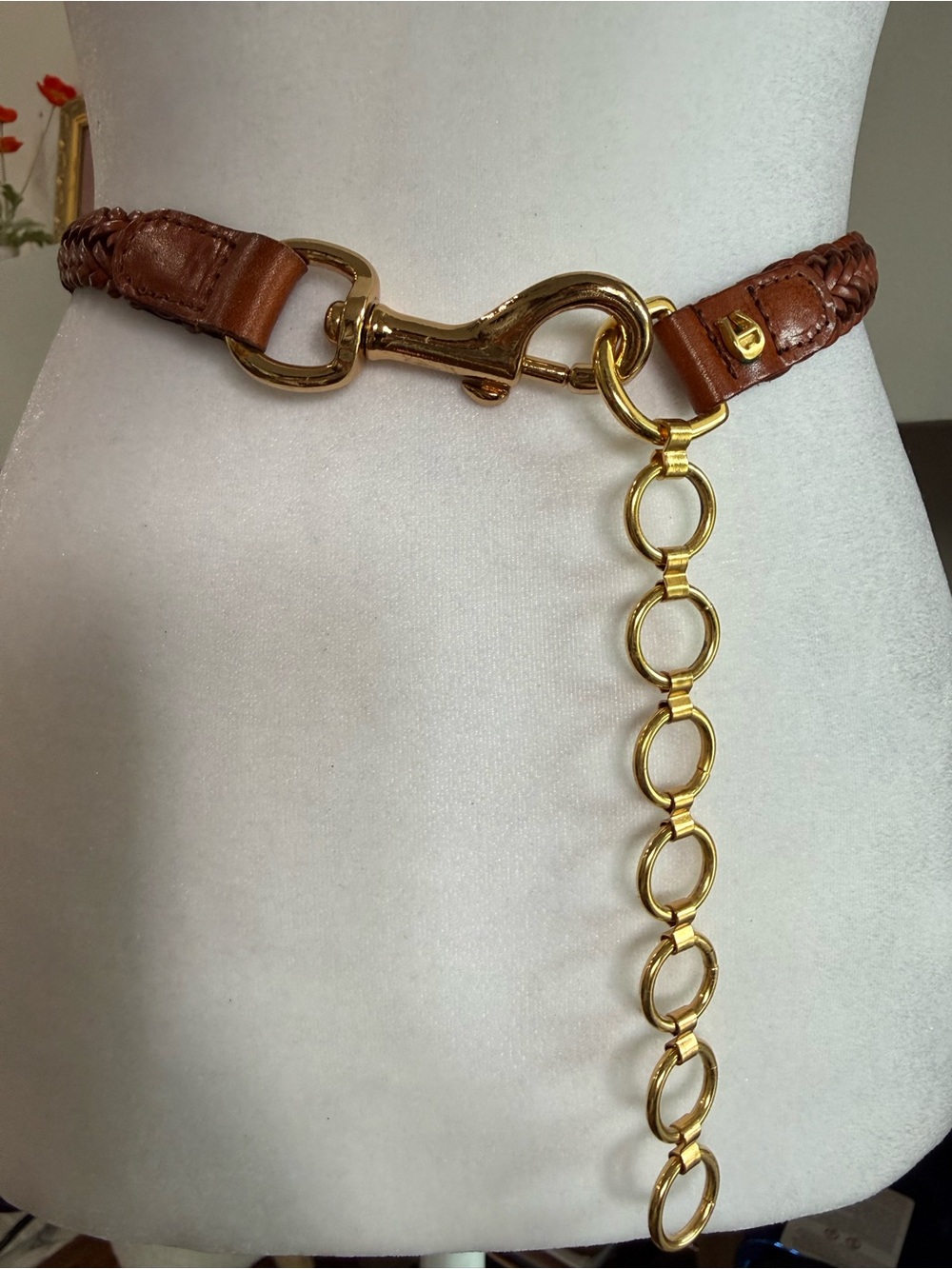 Brown Leather and Gold Link Waist Chain Belt